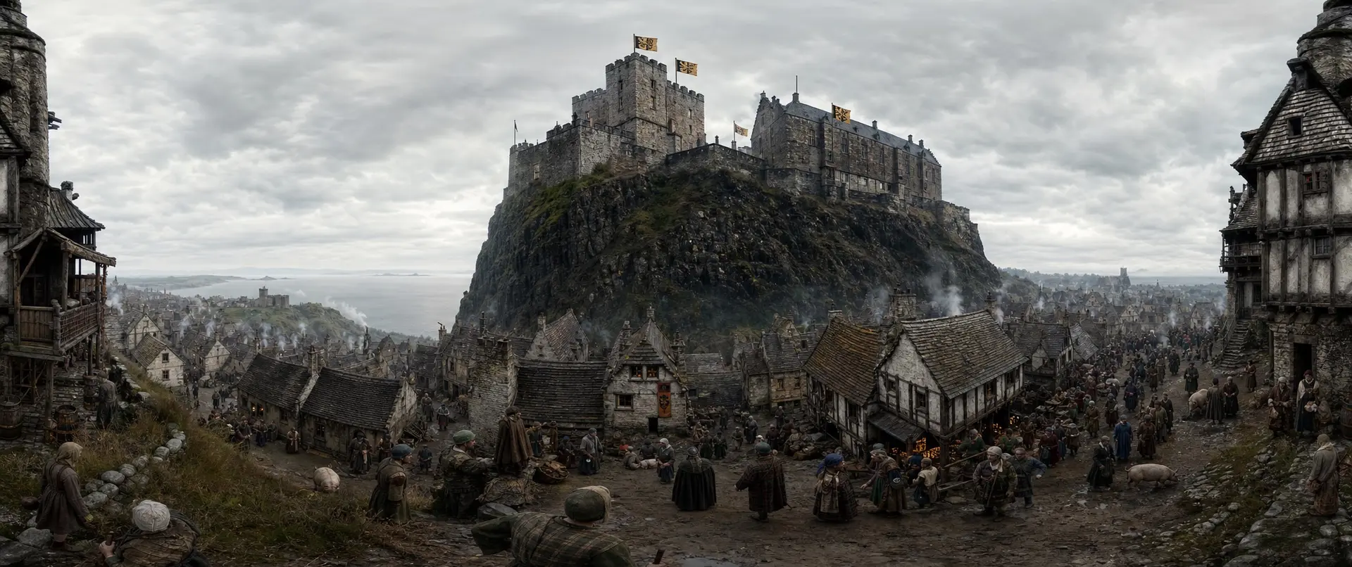 Edinburgh Castle above the medieval old town, reconstructed as it stood in 1511